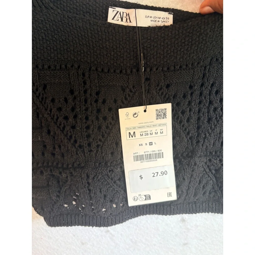 Zara Black Pointelle Knit Crop Top Square Neck Short Puff Sleeve NWT Size M